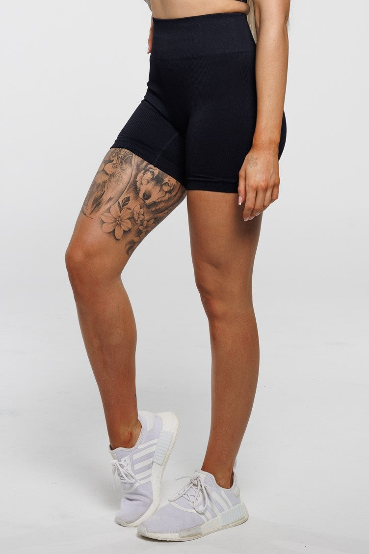 Solace in Black | High Waist Mid Length Shorts